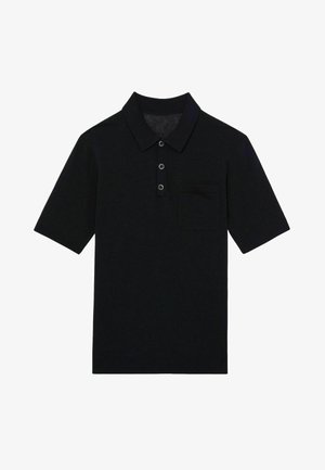 Crna polo majica, kratki rukavi, placket s tri gumba, džep na prsima, rebrasti ovratnik, meki pamuk, jednostavan dizajn, bez uzoraka ili naglasaka.