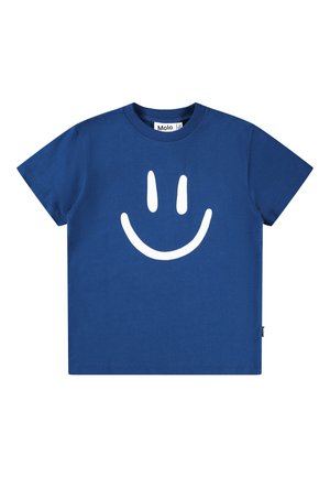 T-shirt in cotone blu con una grande grafica di una faccina sorridente bianca sul davanti. Maniche corte e scollo rotondo. Etichetta visibile all'interno.
