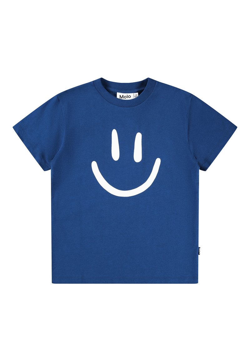 T-shirt de algodão azul com um grande gráfico de uma face sorridente branca na frente. Manga curta e gola redonda. Etiqueta visível no interior.