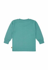 Lichtteal lange mouwen t-shirt van zacht materiaal met een ronde hals en geribde manchetten. Kleine multikleurige label aan de zoom.