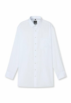 Weißes Langarmhemd aus glattem Stoff mit Button-Down-Kragen, einer Brusttasche und goldfarbigen Knöpfen entlang der Vorderseite.
