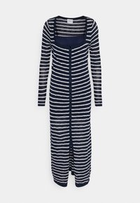 Námořnický a bílý pruhovaný dlouhý kardigán s kulatým výstřihem, dlouhými rukávy, zapínáním na knoflíky a texturovaným pleteným vzorem.