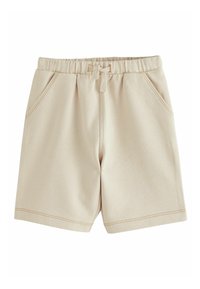 Shorts en coton beige avec une taille élastique, un cordon de serrage, deux poches latérales et un détail de couture subtil près des ourlets.
