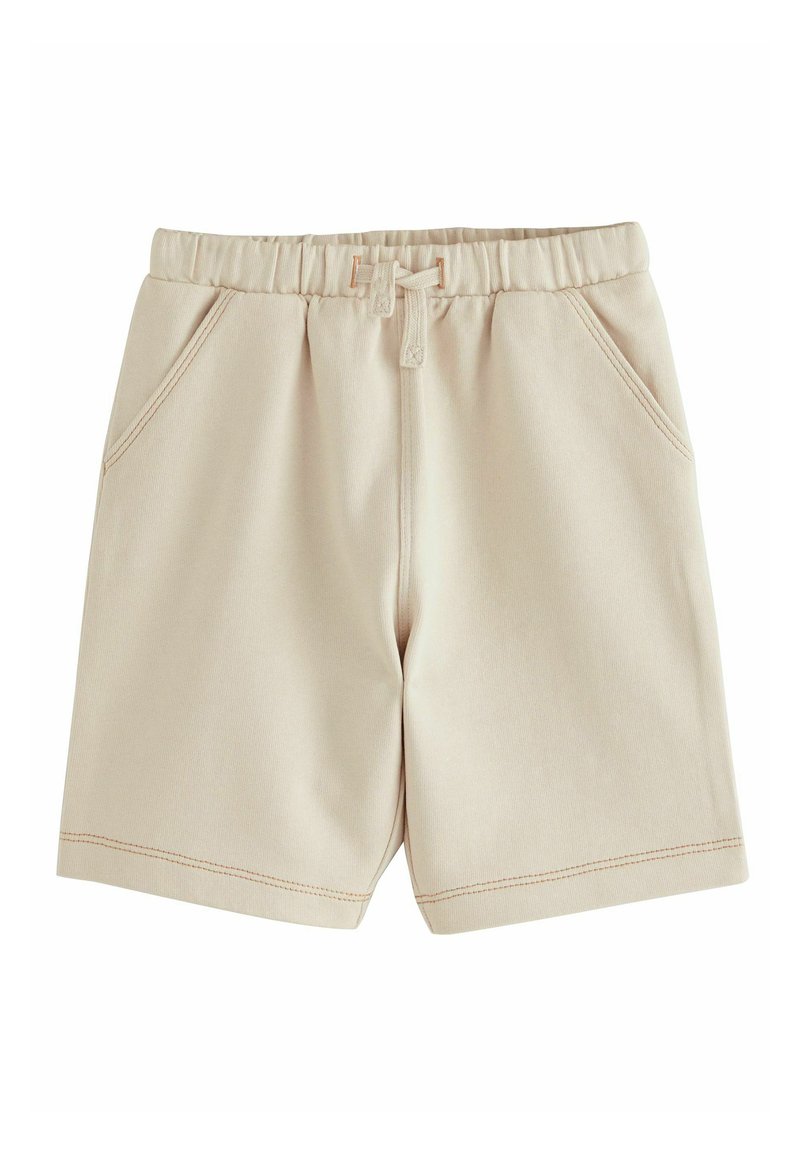 Shorts en coton beige avec une taille élastique, un cordon de serrage, deux poches latérales et un détail de couture subtil près des ourlets.