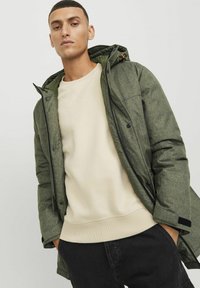 Olivno zeleni napihani jakna z teksturiranim zaključkom, z zadrgo na sprednji strani in kapuco. Nosa se preko svetlo bež puloverja in črnih hlač.