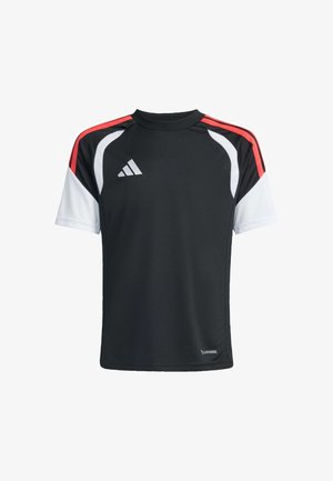 Crna sportska majica s kratkim bijelim rukavima i crvenim naglascima na ramenima. Sadrži Adidas logo i tekst "Climacool" blizu ruba.