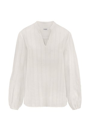 Weiße Langarmbluse mit dezenten vertikalen Streifen, V-Ausschnitt, elastischen Bündchen und bestickten Details an den Ärmeln.