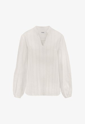 White long-sleeve blouse with subtle vertical stripes, V-neckline, elastic cuffs, and embroidered details on the sleeves.