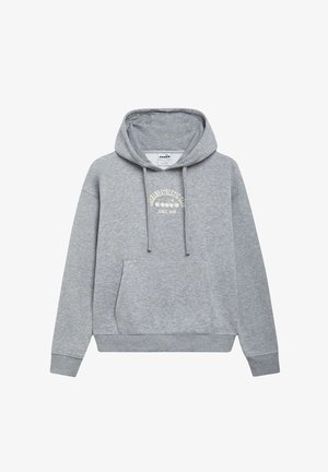 Felpa grigia con cappuccio, dotata di una tasca frontale e di un logo circolare con testo crema. Realizzata in tessuto morbido con polsini e orlo a coste.