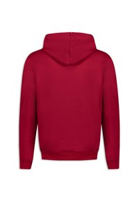 Felpa rossa con cappuccio spazioso, maniche lunghe e una tasca a marsupio anteriore. Realizzata in tessuto morbido e testurizzato con una finitura semplice.