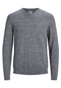 Grauer Pullover mit V-Ausschnitt, langen Ärmeln und geripptem Saum. Hergestellt aus einem weichen, strukturierten Material mit einem einheitlichen melierten Muster.
