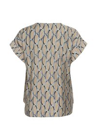 Haut beige à manches courtes doté d'un motif géométrique bleu, coupe décontractée et ourlet arrondi. Tissu texturé avec une légère brillance.