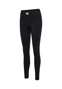 Zwarte ribgebreide leggings met hoge taille en een klein wit Hummel-logo op de voorkant van de tailleband, smalle pasvorm in volledige lengte.