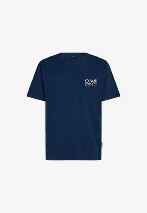 Marineblå bomulls-T-skjorte med korte ermer, rund hals og trykt logo på venstre bryst. Har en rett kant og minimal søm.