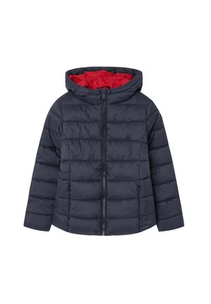 Giacca isolante blu navy con motivo a quadri orizzontali, fodera interna rossa e chiusura frontale a zip. Presenta un cappuccio e due tasche laterali.