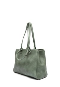 Vihreä nahkatoimisto laukku, jossa on pitkät kahvat, suorakulmainen muoto, teksturoitu pinta ja kahvojen juurella koristeellista metalliosaa.