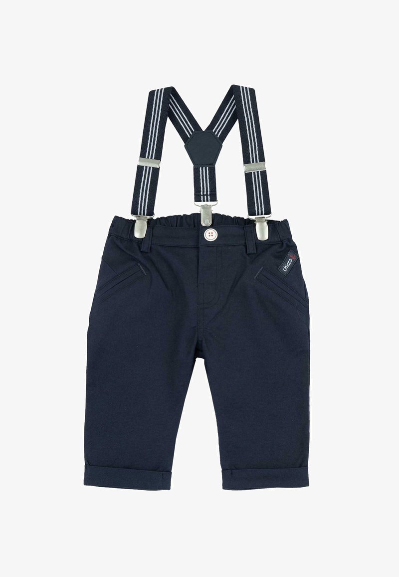 Marineblå bomuldsbukser med justerbare stribede seler, elastisk talje, frontlommer og opsmøgede ben. Har en knapdetalje.