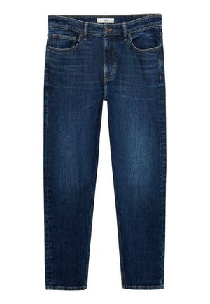 Donkerblauwe denim jeans met een rechte pijp, vijf zakken en subtiele stikdetails. De stof heeft een gladde textuur.