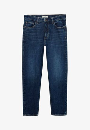 Dunkelblaue Denim-Jeans mit geradem Bein, Fünf-Taschen-Design und dezenten Stickdetails. Der Stoff hat eine glatte Textur.