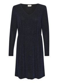Dlouhé navy modré šaty s výstřihem do V, texturovaná látka s metalickým vláknem, elastický pás a splývavá sukně.