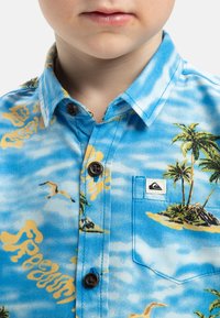 Lichtblauw kortgeleden shirt met palmboom en eilandprint. Kenmerkt zich door een button-down kraag en een borstzak met logo-opdruk. Bruine knopen.