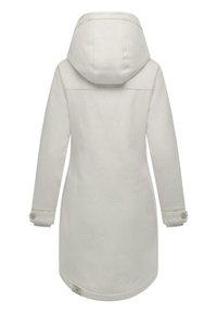 Cappotto bianco con cappuccio caratterizzato da una superficie liscia, maniche lunghe con dettagli a bottone e un orlo leggermente svasato. Design minimalista con linee pulite.
