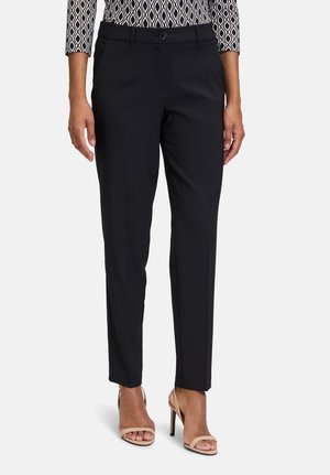 Schwarze, maßgeschneiderte Hose mit geradem Schnitt, ausgestattet mit einem Knopfverschluss, Gürtelschlaufen und einem glatten, strukturierten Stoff.