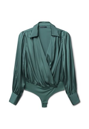 Green satin bodysuit with a deep V-neck, long puff sleeves, and a fitted bottom. Features a collared neckline and smooth texture.