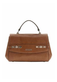 Sac à main synthétique marron avec une finition texturée, doté d'une poignée supérieure et d'accents métalliques argentés. Logo de la marque affiché à l'avant.