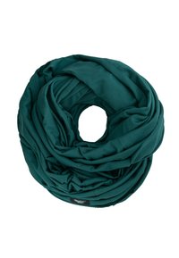 Turkusowy szalik w nieskończoność wykonany z miękkiego, elastycznego materiału. Posiada skręcony wzór o gładkiej teksturze oraz brak widocznych elementów metalowych lub akcentów.