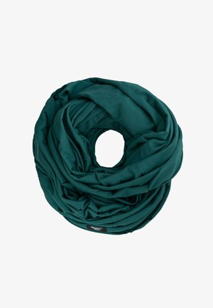 Turkusowy szalik w nieskończoność wykonany z miękkiego, elastycznego materiału. Posiada skręcony wzór o gładkiej teksturze oraz brak widocznych elementów metalowych lub akcentów.
