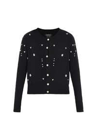Svart ribbad kofta med långa ärmar, rund halsringning, knappslutning framtill och dekorativa pärlliknande utsmyckningar.