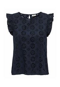 Top blu navy con motivo floreale a occhiello, maniche corte a volant, scollo rotondo e chiusura a bottone con apertura a goccia sul retro.