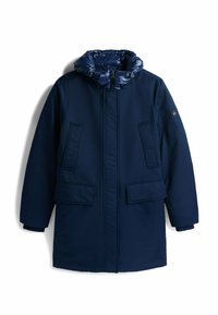 Cappotto isolato blu navy con cappuccio imbottito, due tasche frontali e zip anteriore. Presenta una texture liscia e un design minimalista.