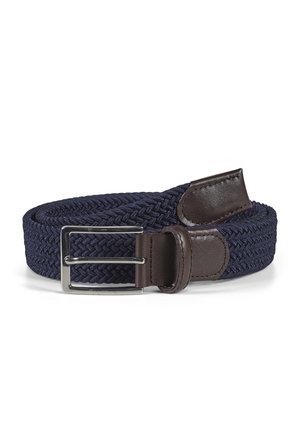 Navy woven belt with a brown leather tab and loop, featuring a silver metal buckle. Texture is braided and elastic for flexibility.
