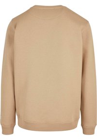 Sudadera beige de manga larga con puños y dobladillo acanalados, vista trasera sencilla sobre un fondo neutro.