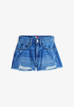 Denim hot pants in light blue with distressed hems, featuring five pockets and a button closure. Faded wash with visible stitching details.
