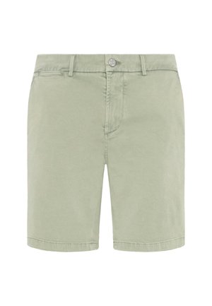 Lysegrønne bomuldsshorts med en glat tekstur, knappelukning og forlommer. Lige pasform, der når lige over knæene.
