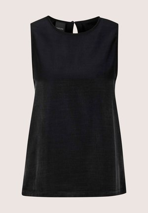 Ärmelloses schwarzes Oberteil mit rundem Ausschnitt und Schlüsselloch-Detail am Rücken. Hergestellt aus einem glatten Stoff mit dezentem Glanz. Gerader Schnitt, minimalistisches Design.