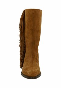 Braune Wildleder-Stiefel bis zum Knie mit Fransenverzierung an der Außenseite, glatter Oberfläche und leicht spitz zulaufender Zehenpartie.