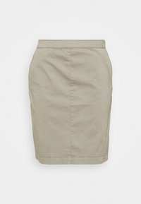 Jupe crayon beige arrivant au genou avec poches latérales et coutures visibles, présentée à plat sur un fond blanc.
