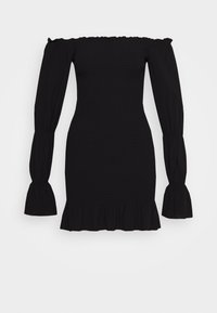 Vestido negro off-the-shoulder con mangas largas y abullonadas, corsé fruncido y dobladillo con volantes, hecho de una tela ligera.