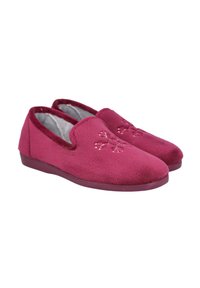 Zapatillas tipo slip-on de forro polar rosa con un diseño de perfil bajo, que cuentan con un detalle bordado de copo de nieve y una suela de goma texturizada para mejorar el agarre.