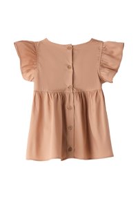 Top color pesca con maniche corte a volant, chiusura con bottoni sul retro e orlo svasato. Tessuto liscio e leggero.