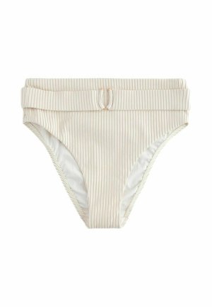 Béžové rebrované plavkové nohavičky s preloženým pásom a malým kovovým krúžkom v strede vpredu.