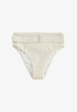 Béžové žebrované kalhotky bikiny s překlopeným pasem a malým kovovým kroužkem uprostřed vpředu.