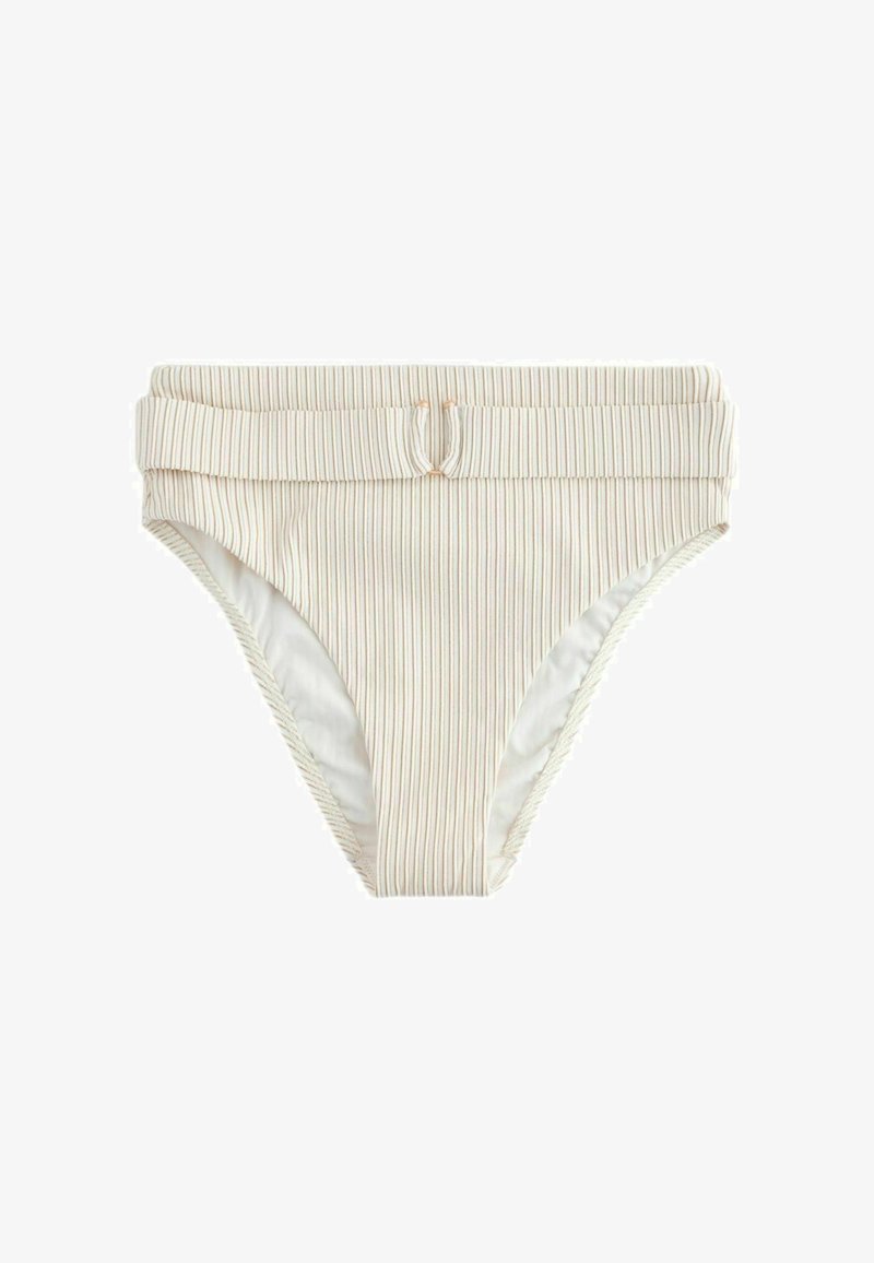 Slip bikini beige a coste con una cintura pieghevole e un piccolo anello metallico al centro davanti.