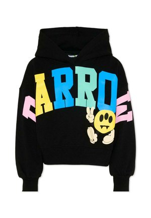 Sweat à capuche noir coupé, avec des lettres colorées en blocs formant le mot « ARROW » et un personnage smiley jaune faisant un signe de paix.