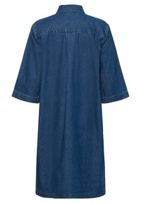 Denim srajčna obleka v temno modri barvi, z ovratnikom, kratkimi rokavi, ravno obliko in srednje dolžino roba, s čisto in preprosto zasnovo.