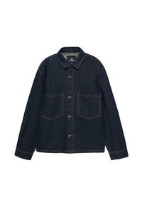 Jeans jakna, temno modra, dolgi rokavi, zapenjanje na gumbe, dva sprednja žepa, kontrastni oranžni šivi, ovratnik, sproščen kroj.